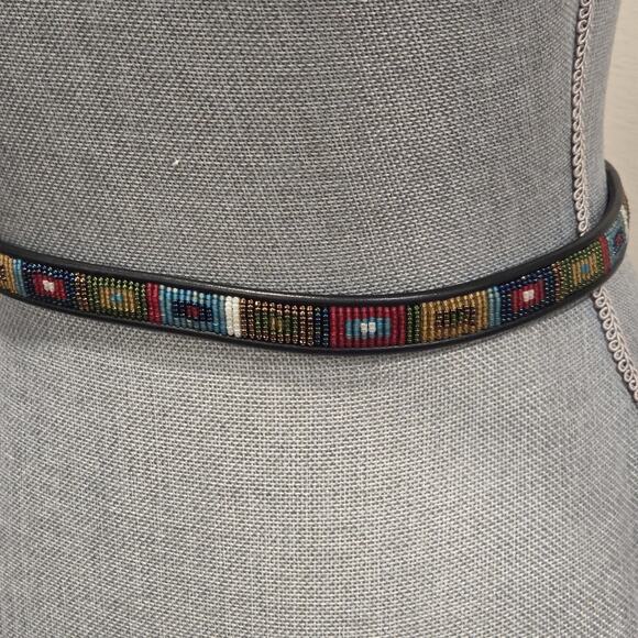 Brighton Black Leather Beaded Belt XL Southwestern Square Conchos Silver Buckle main image 4